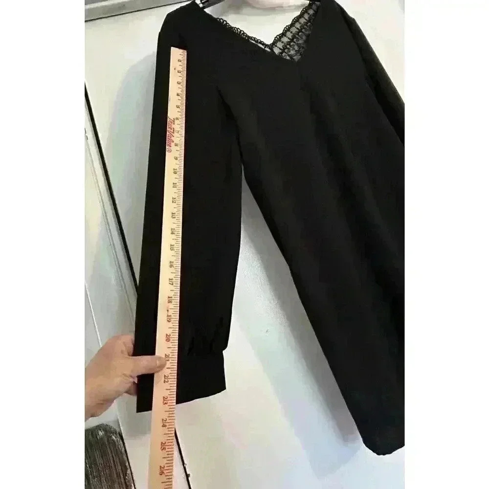SHEIN Large Polyester Black Long Sleeve Shirt With Lace V Neck - Picture 8 of 9